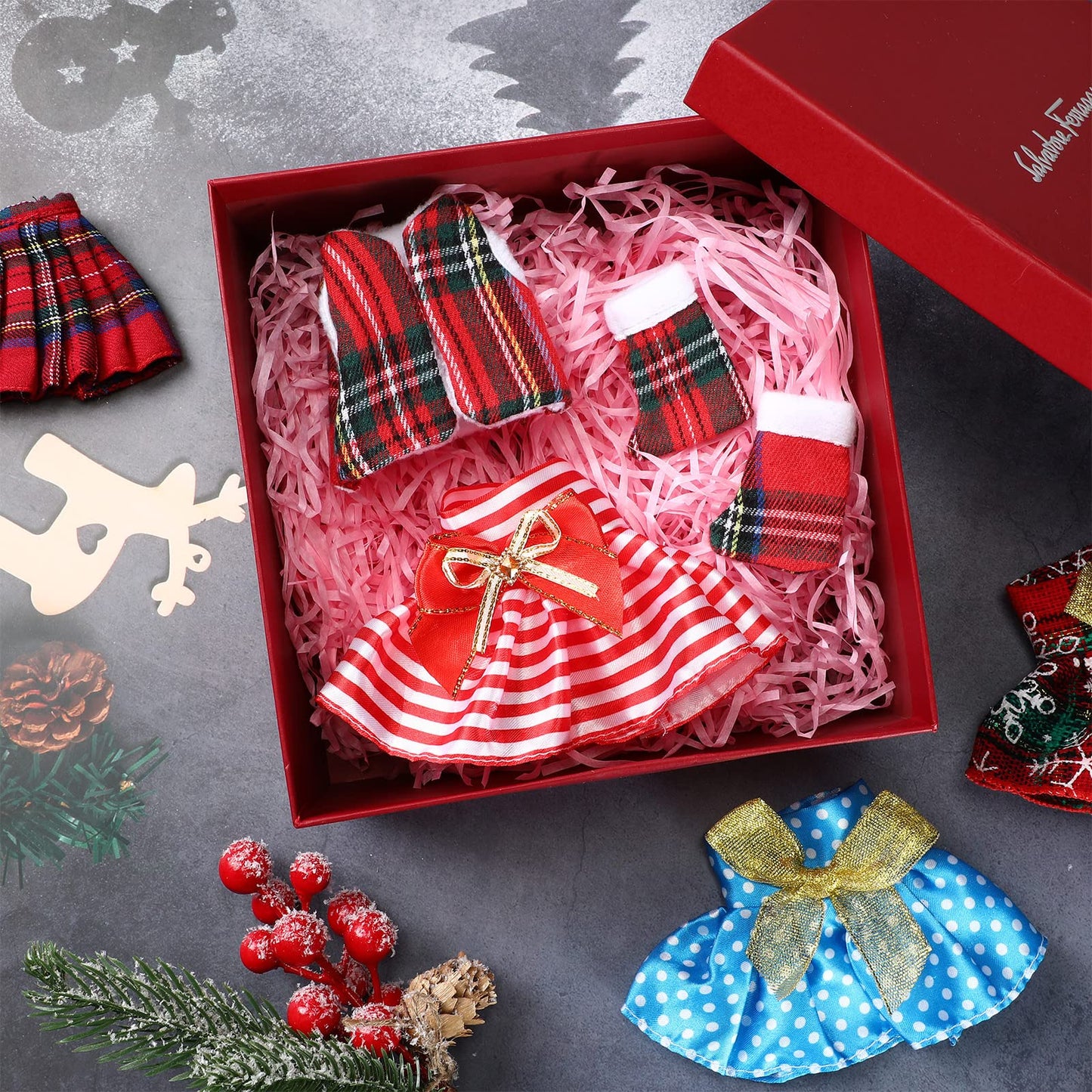Jerify 24 Pcs Christmas Elf Doll Accessories Set Include Skirts White Bathrobe Plaid Sleeping Bag Fluffy Vest Scarf Stockings Eye Mask Glasses Kitchen Apron And Hat For Christmas Elf Doll Outfit