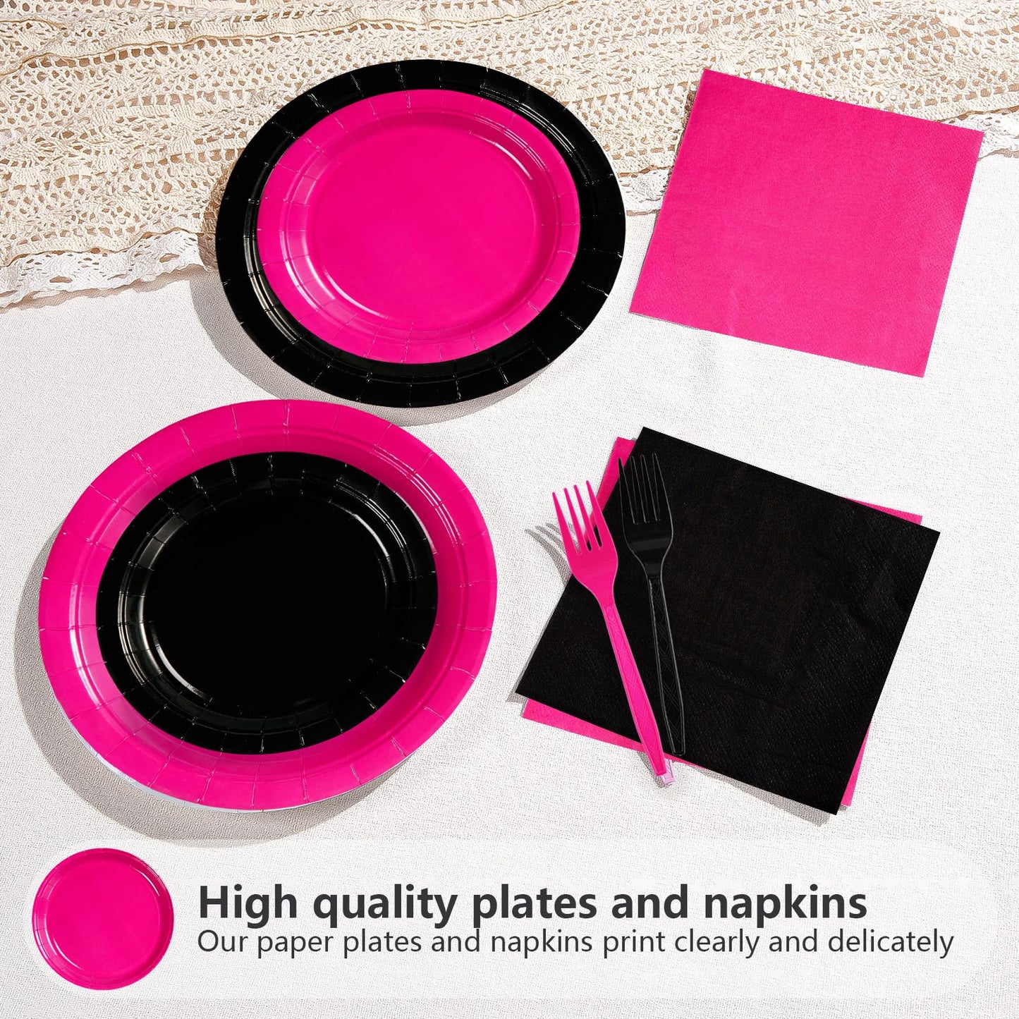 Grencian 96 Pcs Hot Pink and Black Birthday Decorations Hot Pink Party Plates and Napkins Disposable Heavy Duty Pink and Black T