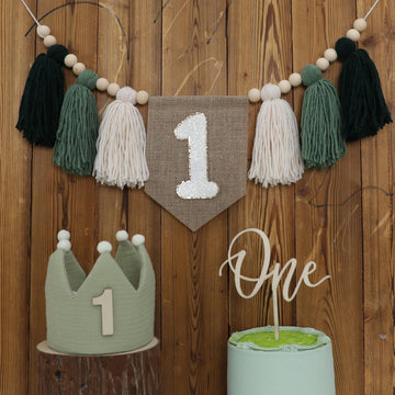 HODIHIWI 1st Green High chair Banner Wood Bead Tassel Garland Crown Hat Wooden Cake Topper Birthday Party Decorations