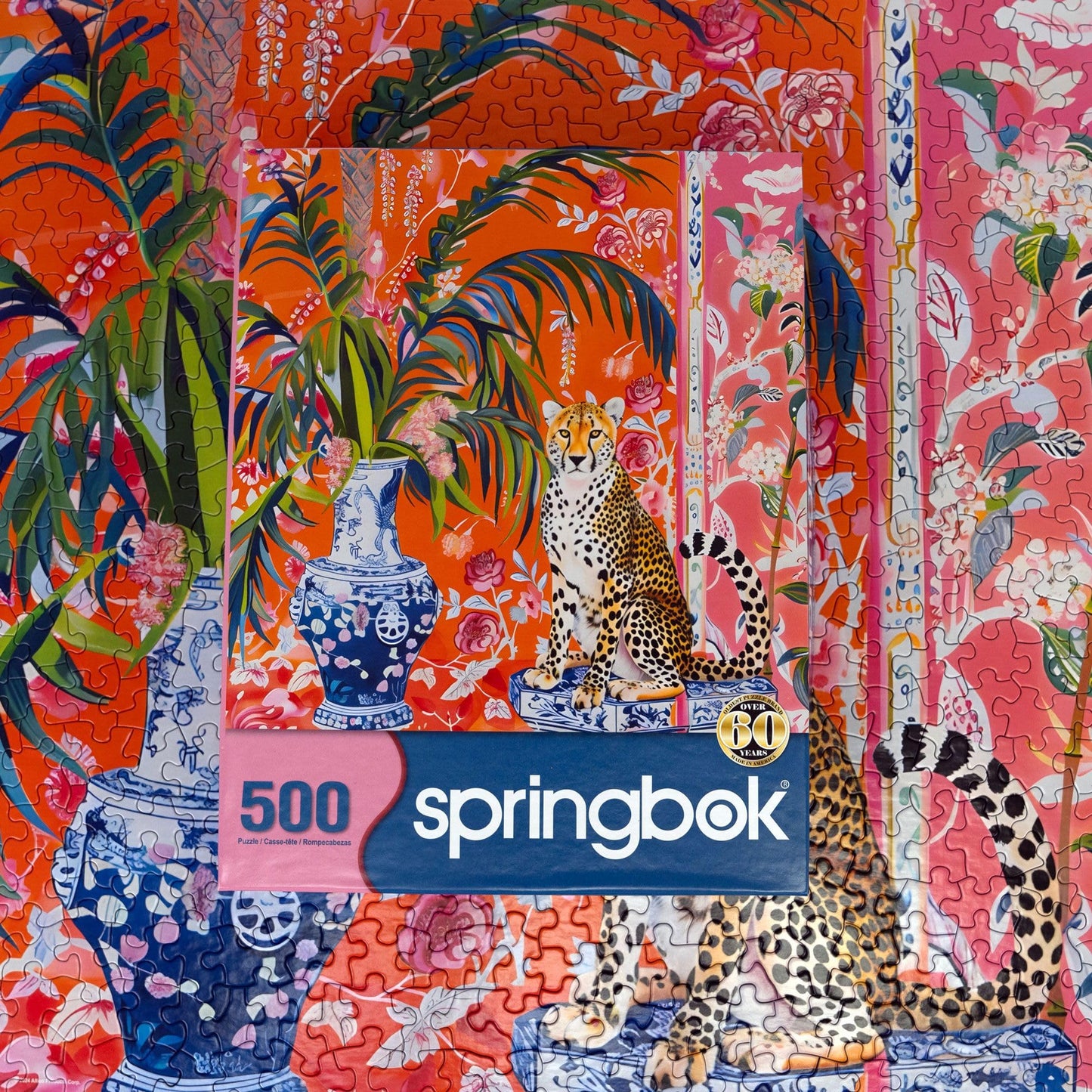 Springbok 500 Piece Jigsaw Puzzle - Cheetah and Ginger Jar, Cardboard, 20"x20", Model 33-02559, Unique Cut Pieces, Made in USA