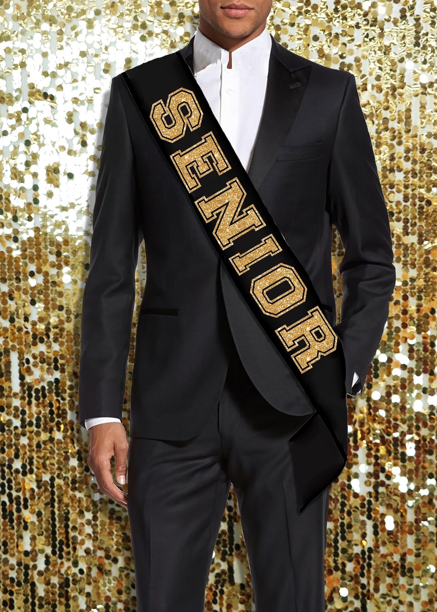 Rhinestonesash Senior Sash - Senior Gold Glitter Black Premium Quality Premium Grade Satin Sash - Senior Send Off Gifts - Black
