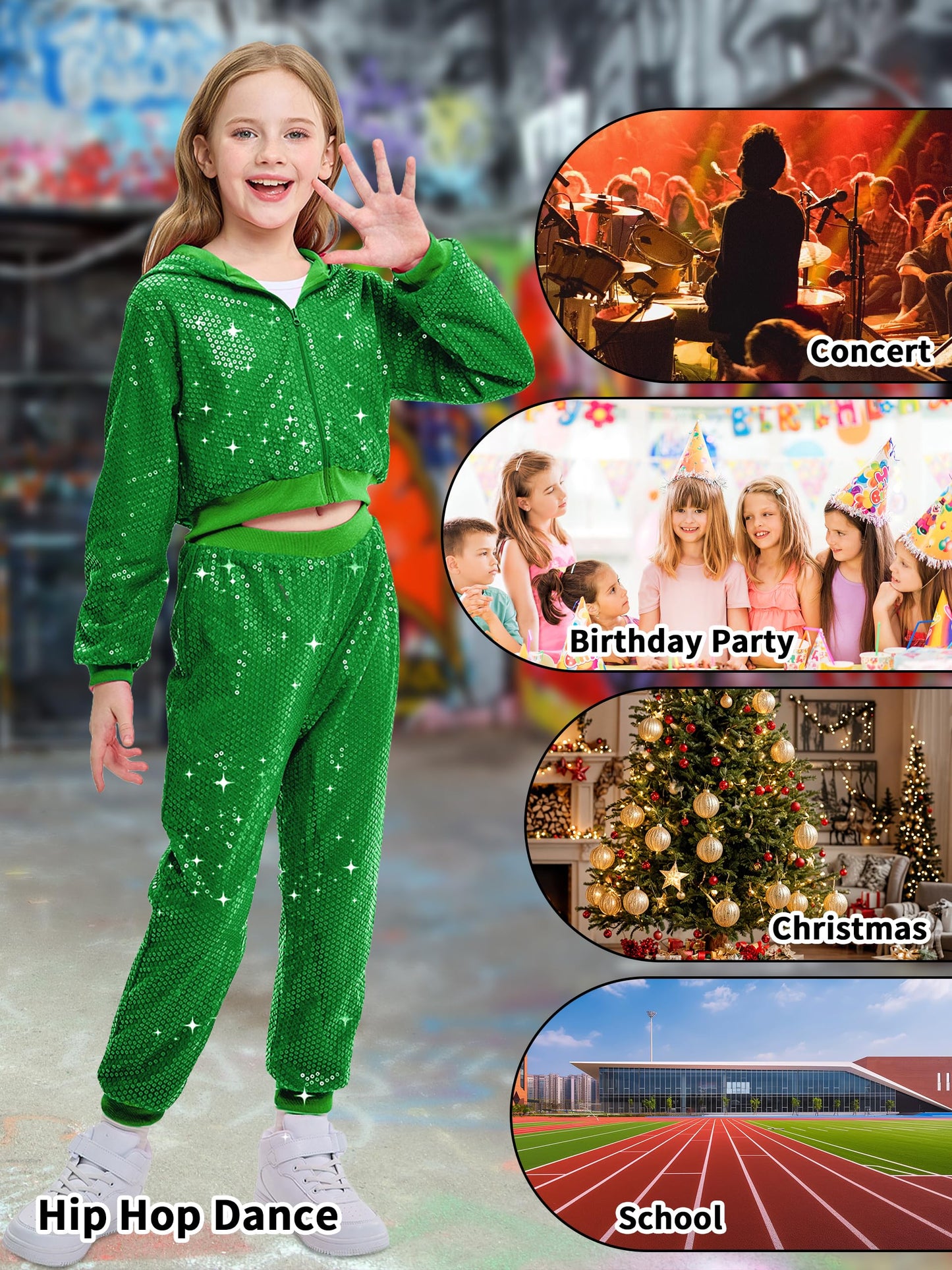 Lolanta Kids Hip-Hop Dance Costume Girls Dance Outfits Green Sequin Costume For Saint Patrick'S Day (Green, 8-9 Years)