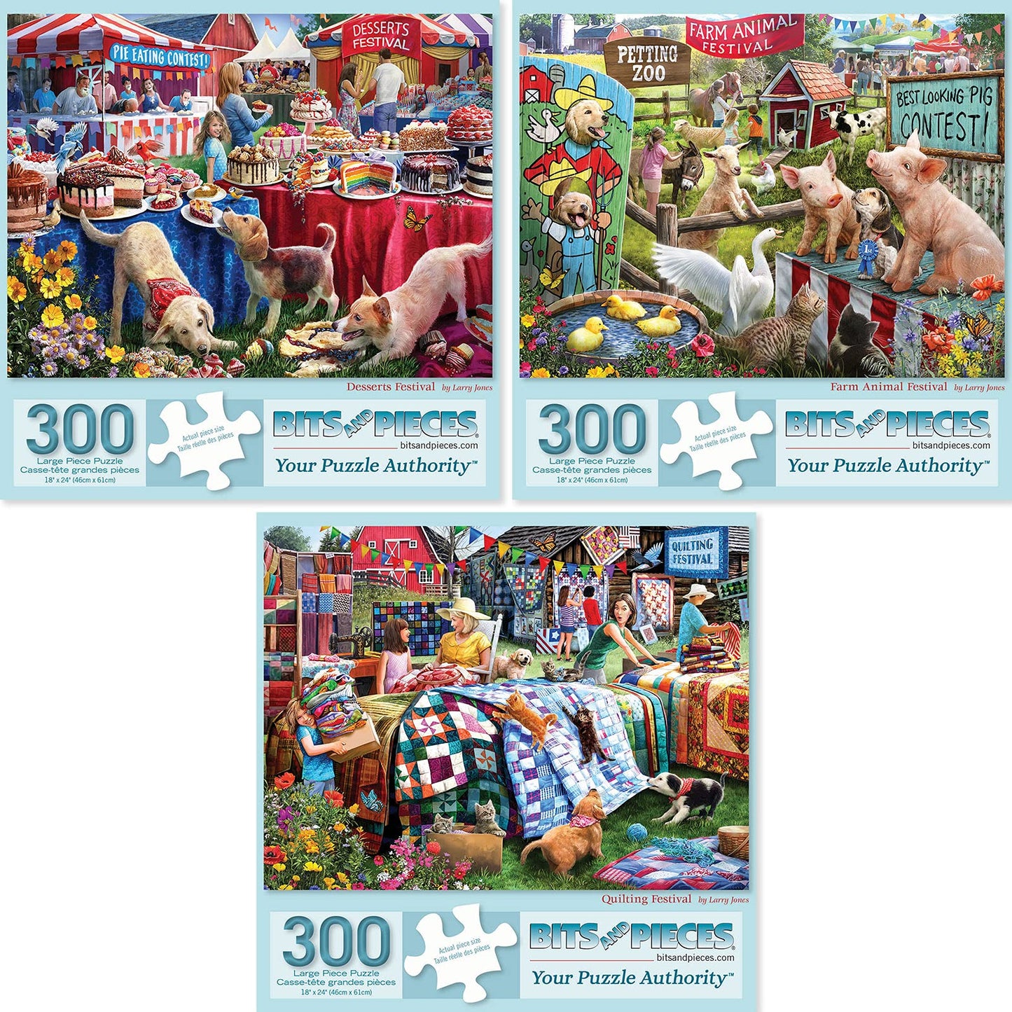 Bits And Pieces – Value Set Of Three 300 Piece Jigsaw Puzzles For Adults – Desserts, Farm Animal, Quilting Jigsaw Puzzles By Artist Larry Jones, Completed Puzzle Size: 18' X 24'
