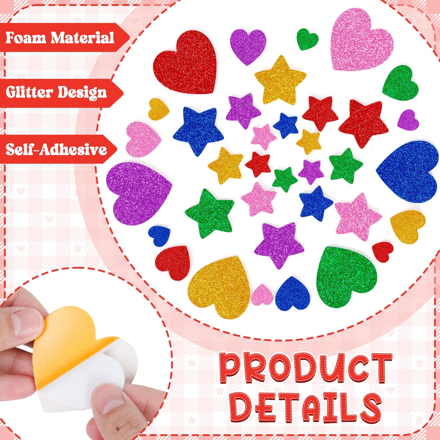 300 PCS Valentines Stickers, Foam Heart Stickers, Glitter Valentine Decor, Self-Adhesive Star Heart Stickers for Kids in Purple