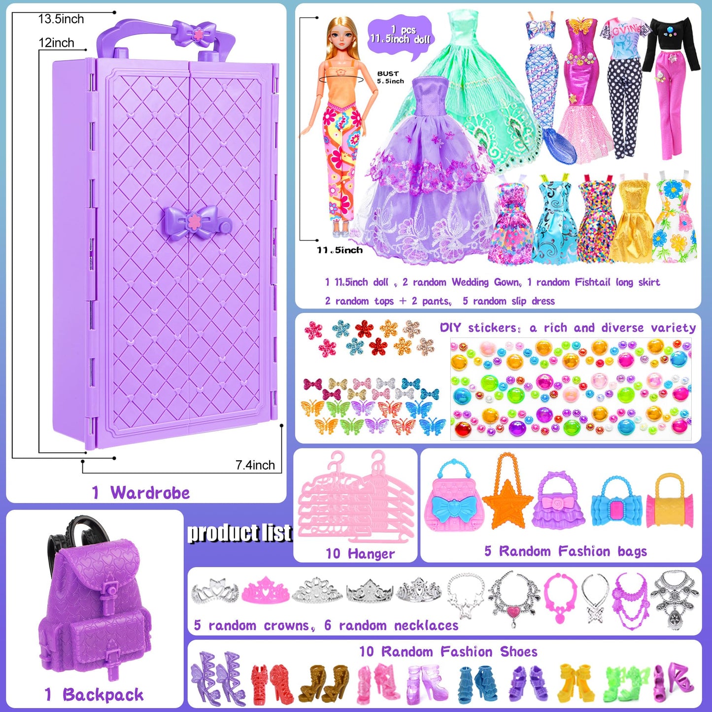 92Pcs 11.5 Inch Girl Doll With Clothes Accessories And Closet Set Including Long Princess Dress Outfits Shoes Handbags Necklaces Diy Bead Stickers For Design Kit Girl Doll Dress Up (Include Doll)