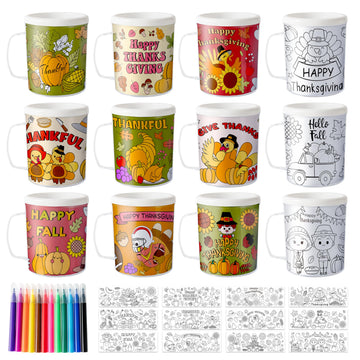 Thanksgiving Color Your Own Mugs for Kids-12Pcs Fall Bulk 8oz Personalized Coffee Mugs with 36Pcs Insert Paper Autumn Pumpkin Tu