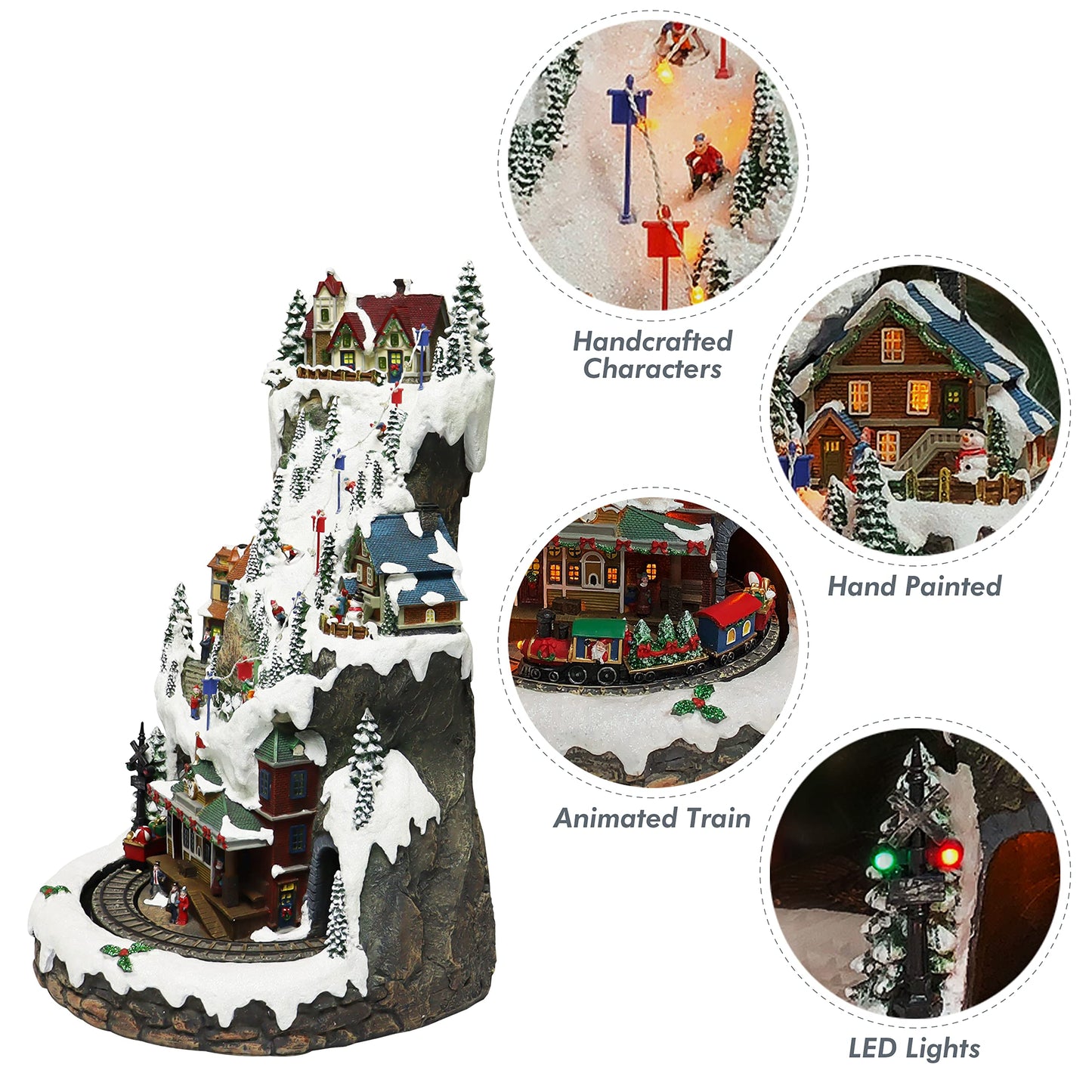 MOMENTS IN TIME Animated Ski Resort Christmas Village, 20.5”H, LED Lights, Music & Moving Train, Hand-Painted Resin, Model NM-X16038AA