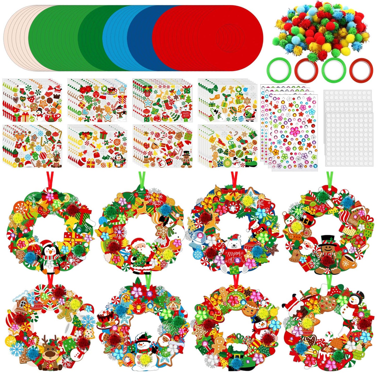 Hollowfly 48 Sets Christmas Wreath Craft Kits for DIY Santa Claus Wreath Hanging Ornaments Make Your Own Paper Xmas Craft with S