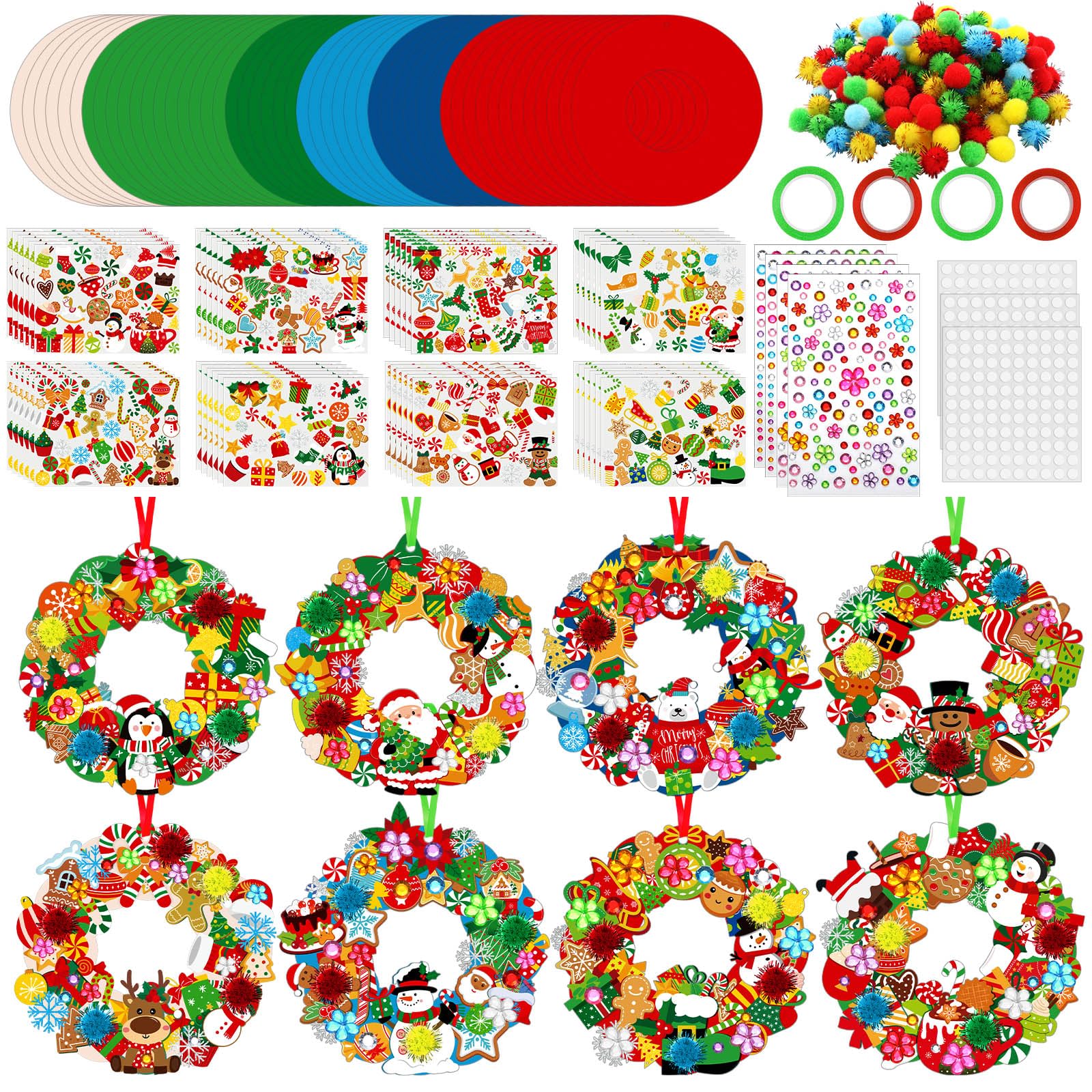 Hollowfly 48 Sets Christmas Wreath Craft Kits for DIY Santa Claus Wreath Hanging Ornaments Make Your Own Paper Xmas Craft with S