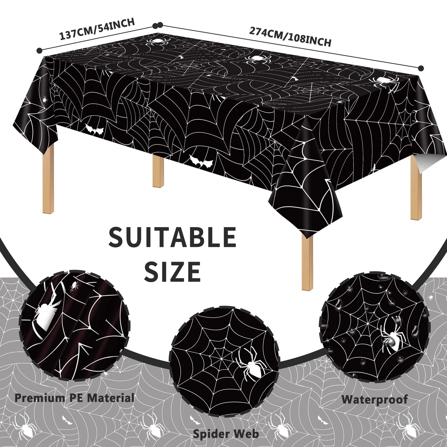 Halloween Tablecloth 3Pcs Black Spider Web Tablecloth Halloween Party Decorations Supplies Rectangular Spider Cobweb Plastic Table Cover For Halloween Baby Shower, Birthday Decorations - 54' X 108'