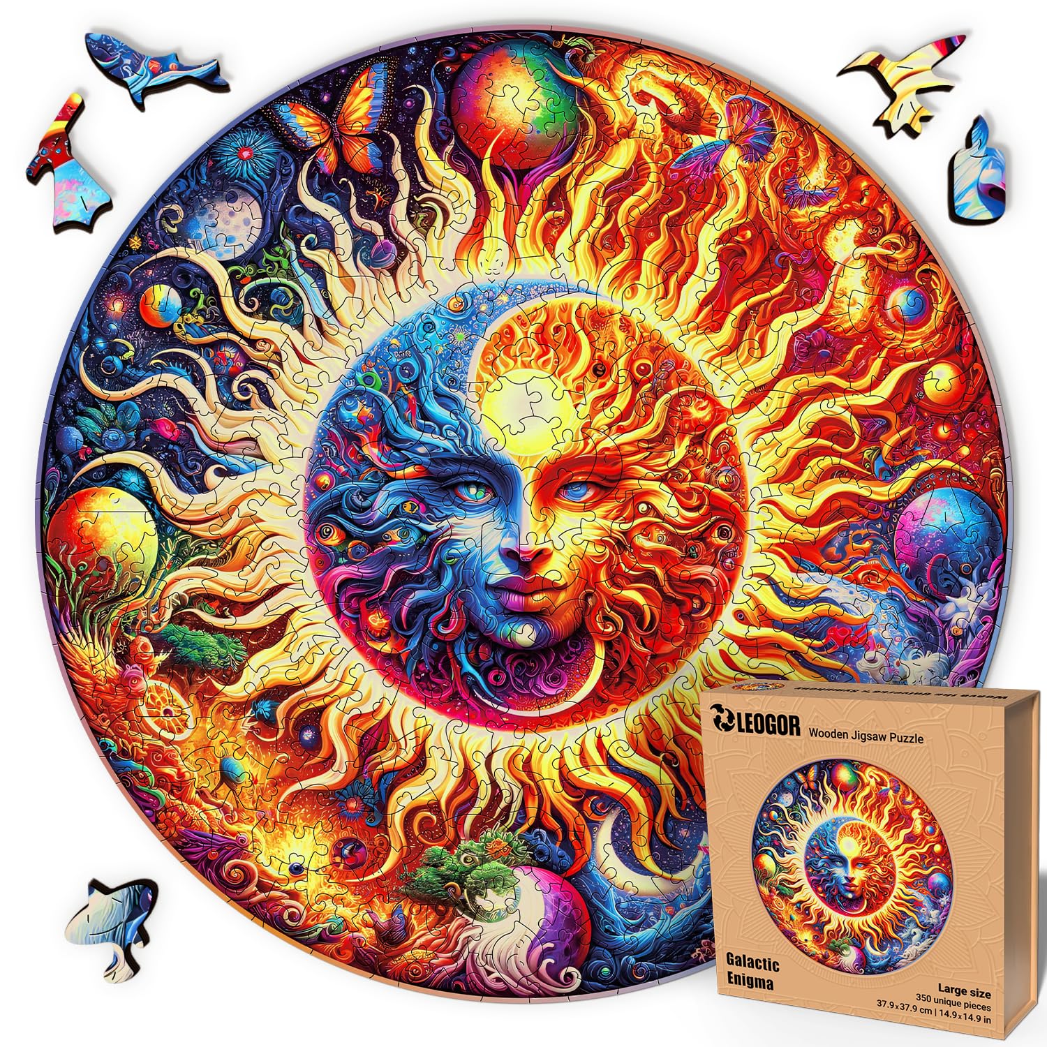 Galactic Enigma - 350 Piece Wooden Puzzles for mature-themeds - 14.9 x 14.9 in - Extra-Thick 5 mm Wood Puzzle  Hand-Shaped Pieces  Round Mosaic Design - enhanced Gift for Puzzle Lovers by LEOGOR
