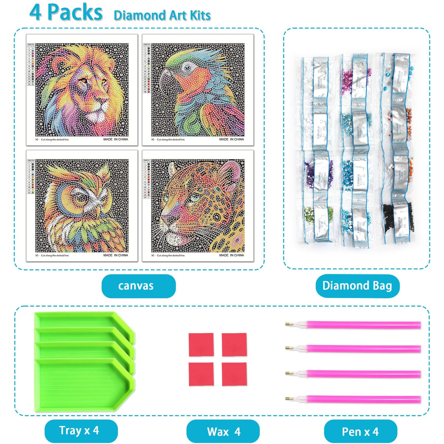 UiSdfuy Diamond Art Kits for Kids Ages 8-12, Arts & Crafts, Gem Art 4 Pack Diamond Painting 6 X 6 (4-Lion)
