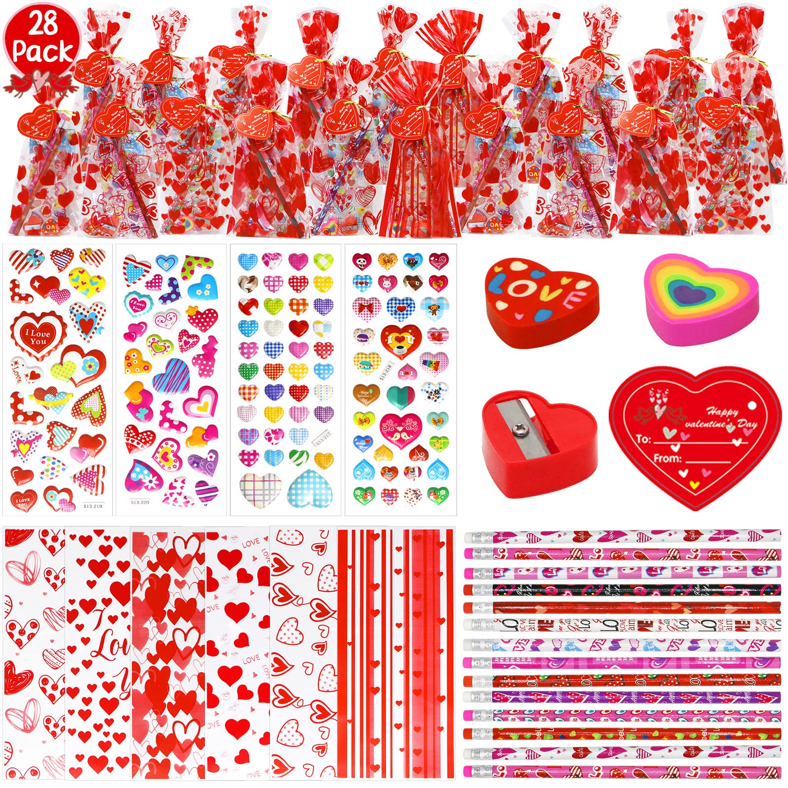 Tuzuaol 28 Pack Valentines Day Gift for Kids Classroom School with Valentine Day Stationery for School Classmates Exchange Gift,