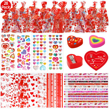 Tuzuaol 28 Pack Valentines Day Gift for Kids Classroom School with Valentine Day Stationery for School Classmates Exchange Gift,