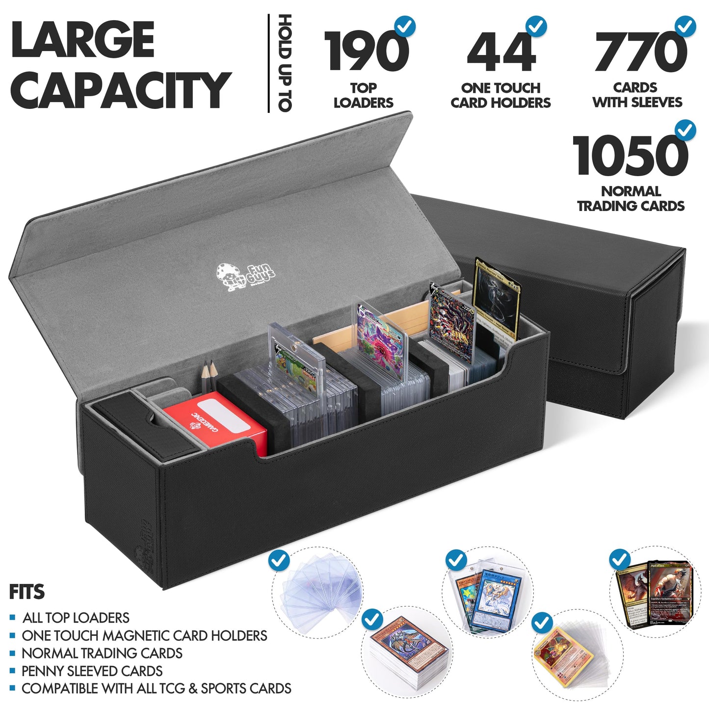 FunGuys Trading Card Deck Box - Holds 500+ Cards, Faux Leather, Black, 15 x 5 x 4.7, Model FGUG-TDB-L1R-DT