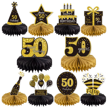 Gexolenu 10 Pcs 50Th Birthday Honeycomb Centerpieces Gold Black Cheers To 50 Years Birthday Centerpieces Tables Toppers For 50Th