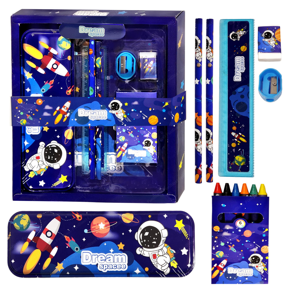 Funblast Space Theme Stationery Kit For Kids  Stationery Box Pencil Pen Eraser Sharpener And Space Pencil Box Stationary Kit S
