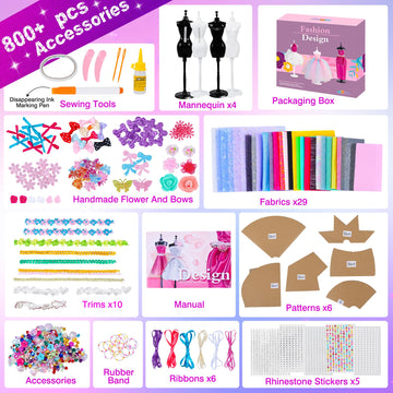 Minifun 800+Pcs Fashion Designer Kit For Girls, Sewing Kit With 4 Mannequins, Diy Arts And Crafts Kit For Kids, Doll Clothes Making Kit, Girl Toys For Age 6 7 8 9 10 11 12 Year Old Gifts