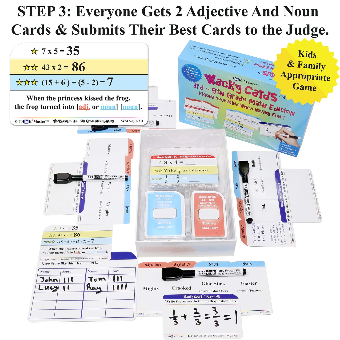 Think2Master Wacky Cards 3rd - 5th Grade. Math Card Game for Families & Classroom. Make Hilarious Sentences While Practicing Mat