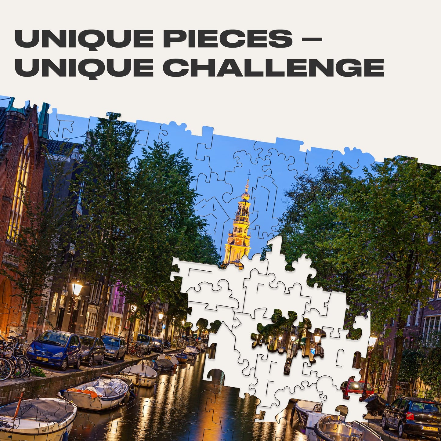 Unidragon Original Wooden Jigsaw Puzzles - City Evening Amsterdam, 125 Pcs, Small 9'X6.2', Beautiful Gift Package, Unique Shape Best Gift For Adults And Kids
