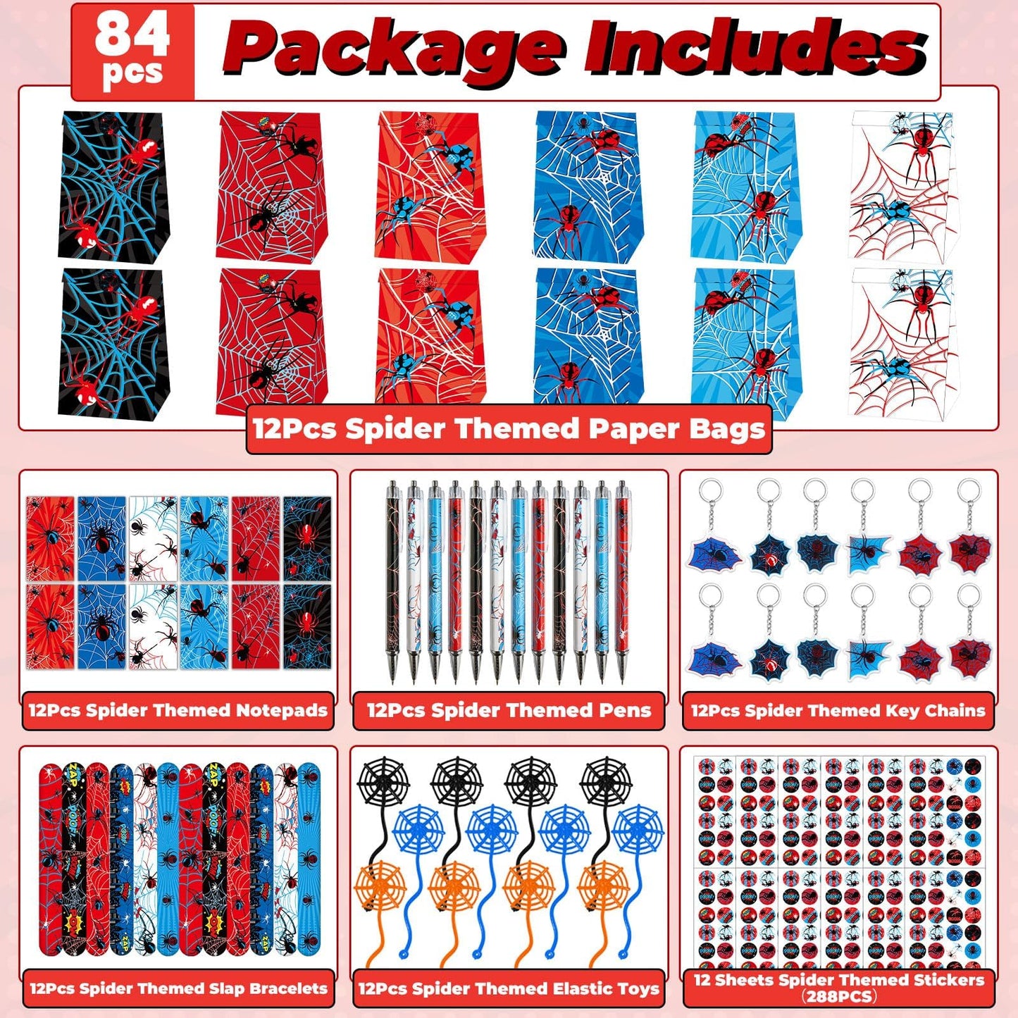 84pcs Spider Party Favors with Pens Notepads Paper Gift Bags Spider Web Key Chains Slap Bracelet Sticker Red Black Spider Themed