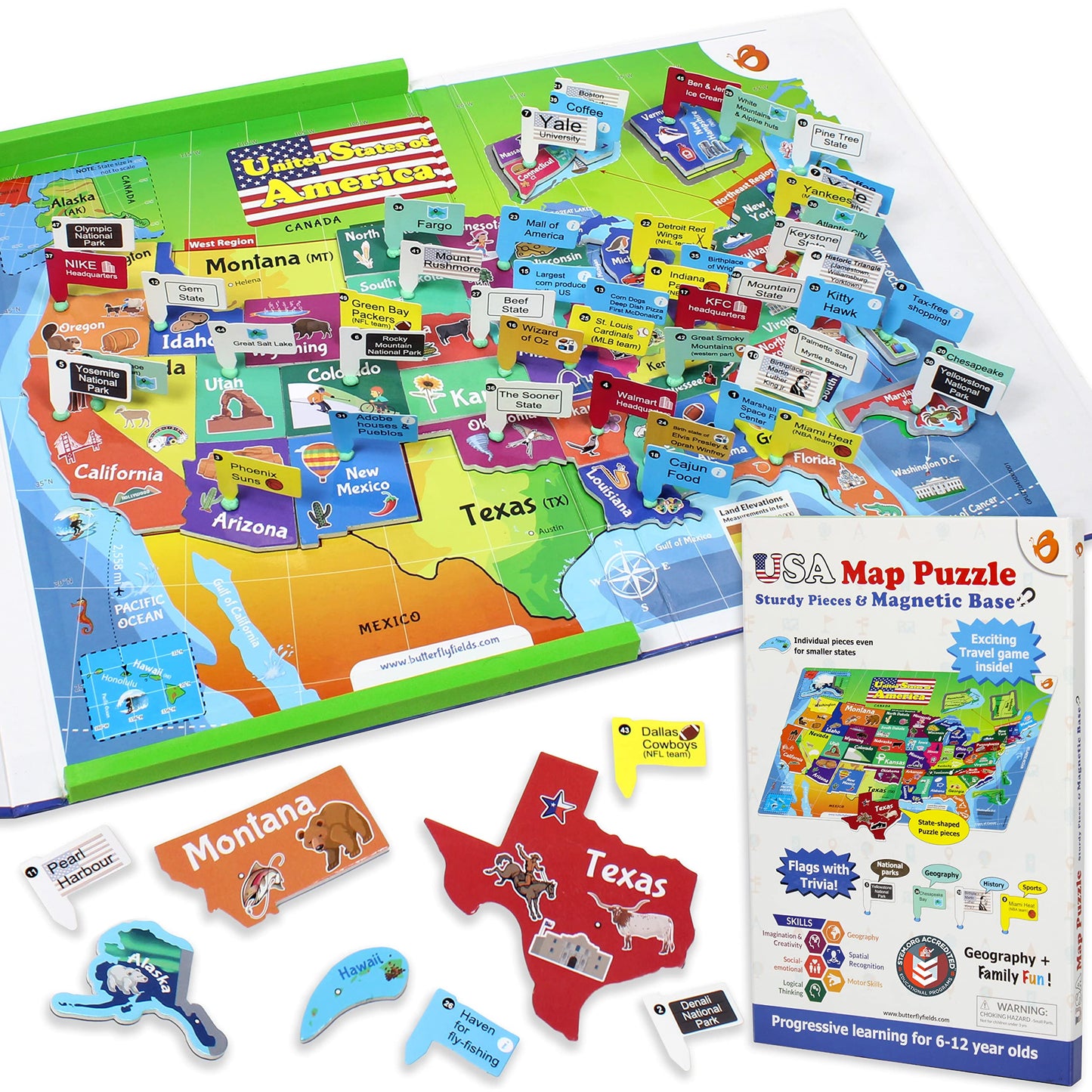 Butterfly Edufields United States Puzzle Toys For Boys 6 8 10, Magnetic Puzzle Book Gifts For 6 Year Old Boys, Puzzles For Kids Ages 6-8, Toys For Girls 6-8, Geography Games, Educational Kit For Kids