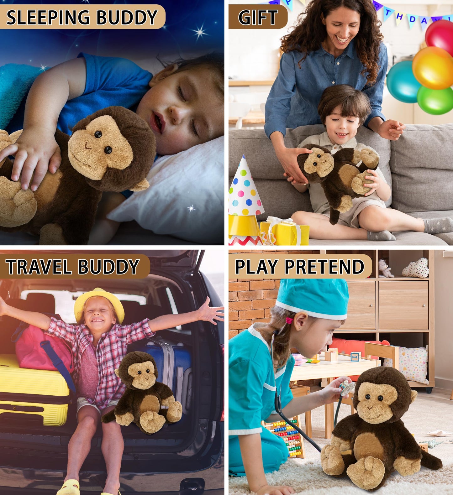 DolliBu Monkey Plush - Super Soft Stuffed Animal  Cute Brown Wildlife Animal Plush  Adorable Fluffy Stuffed Animal for Boys and Girls  Stuffed Zoo Animals Plush Gift for Babies  Kids  mature-themeds - 9 Inch