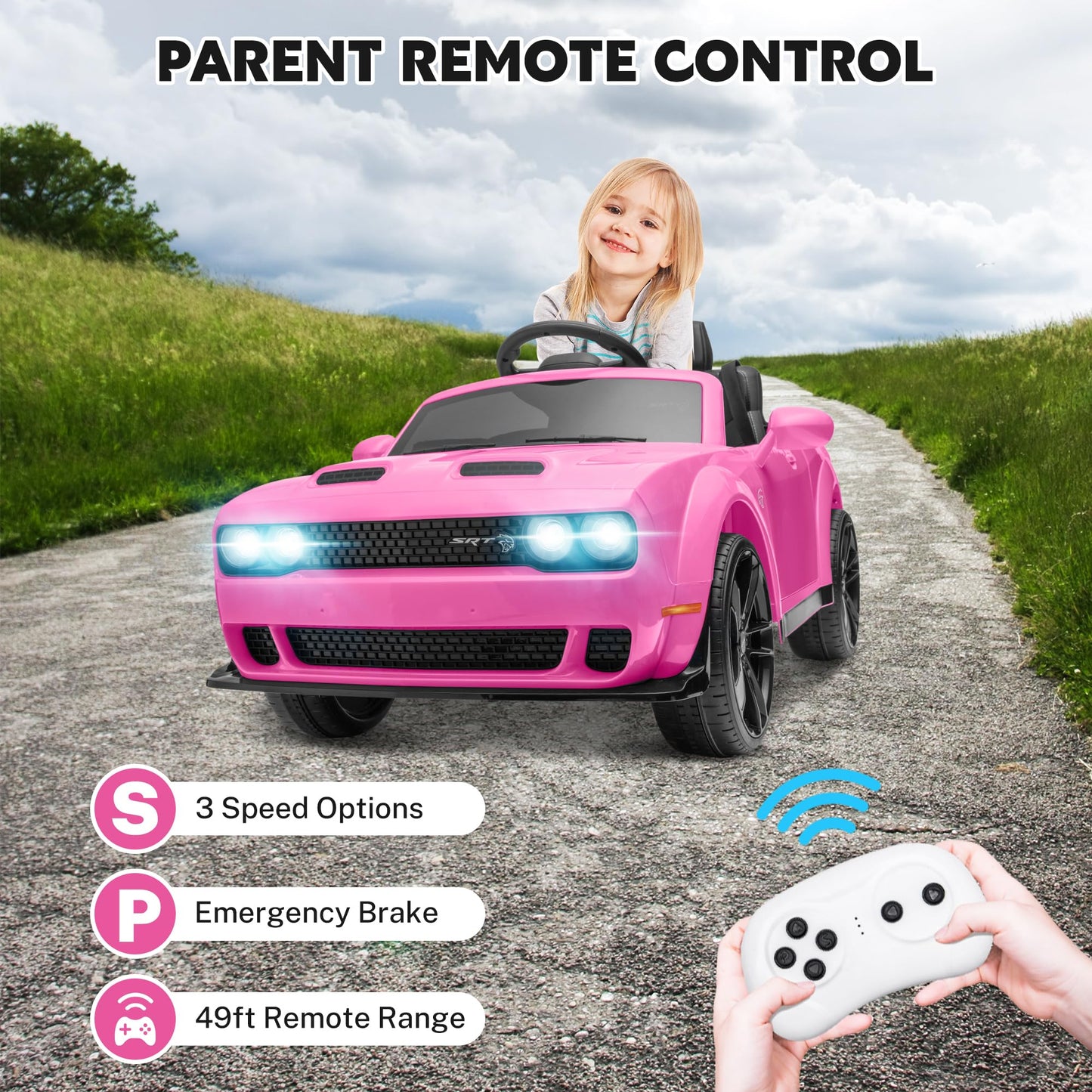 Enyopro Kids Electric Car, Licensed Dodge Challenger Ride On Car, 12V7Ah Battery Powered Electric Vehicle Kids Ride On Toys With Remote Control, 3 Speeds, Led Headlights, Bluetooth, Music (Pink)