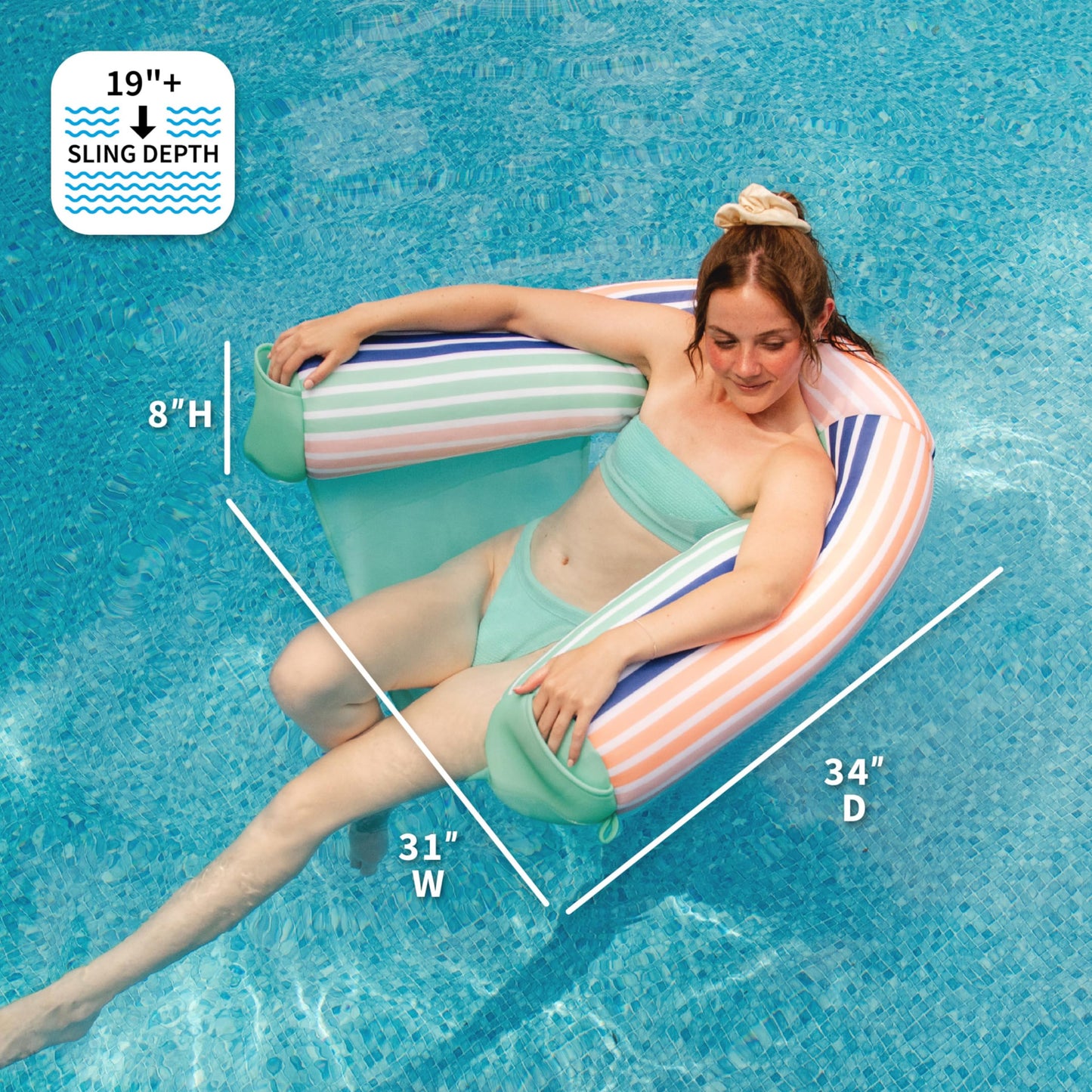 Big Joe Shaka Sling XL Pool Float - Stripe Turquoise, Quick Draining Fabric, Double-Sided Mesh, Model 20792204
