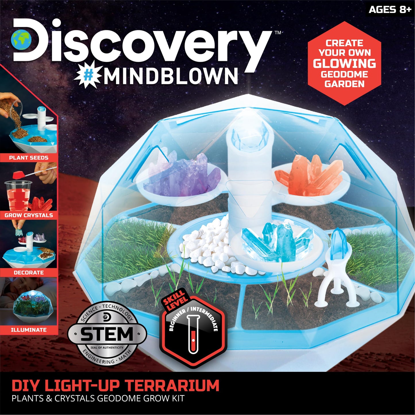 Discovery Diy Light-Up Led Terrarium - Plants & Crystals Geodome Grow Kit, 3 Colorful Crystal Formations, Rye Grass, Education S