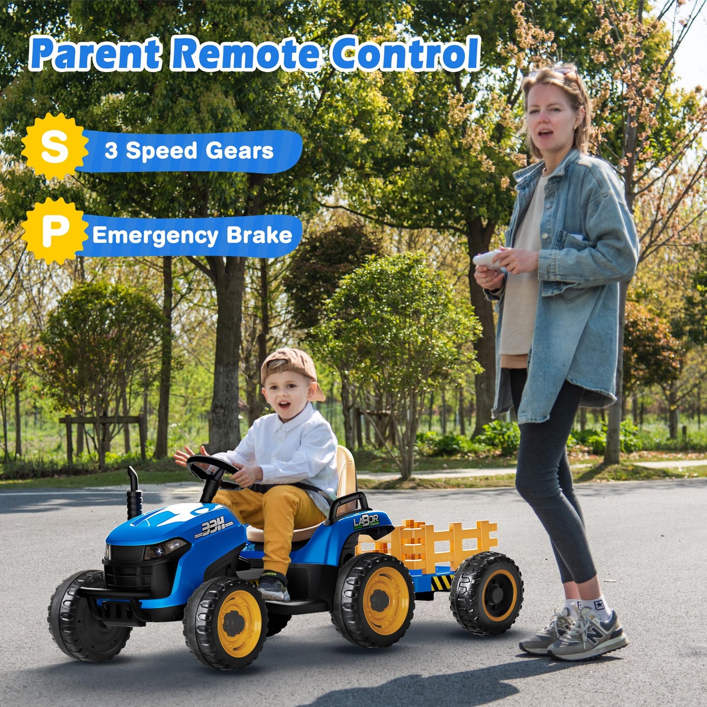 ARBELI 24V Ride On Tractor with Detachable Trailer, 2x65W Motors, Bluetooth, Large, Blue, Model BBH-030