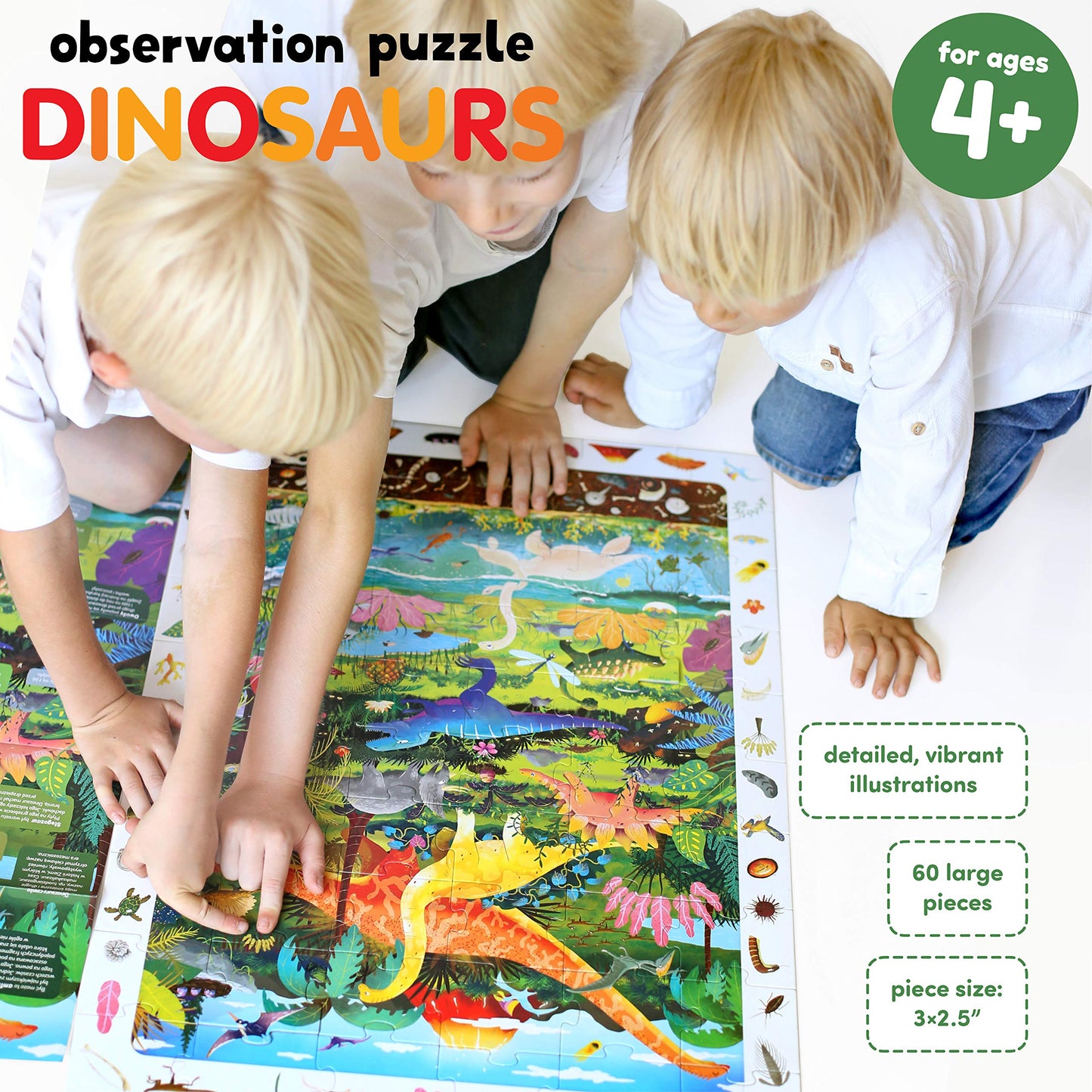 Banana Panda Dinosaur Puzzle For Kids - Large 60-Piece Observation Floor Puzzle With Seek And Find Activity - Includes Big Poster With Facts For Learning More About Dinosaurs - For Ages 4-8 Years