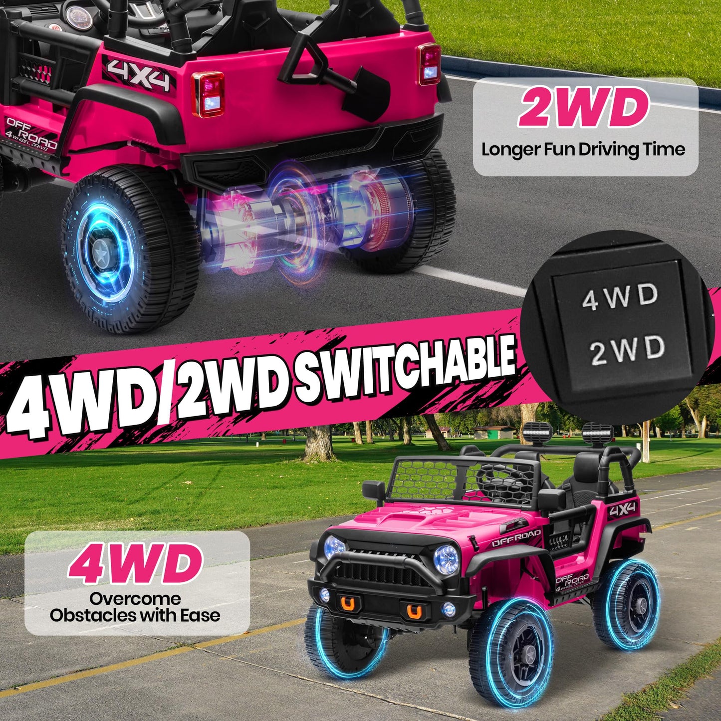 JOYRACER 2 Seater Ride On Toys Car for Big Kids  24V Electric Vehicles w/20'' Large Seat  4X200W Engines  4WD/2WD Switchable  4-Wheeler Suspensions  24v Ride On Trucks for Girls w/Music  Rose Red