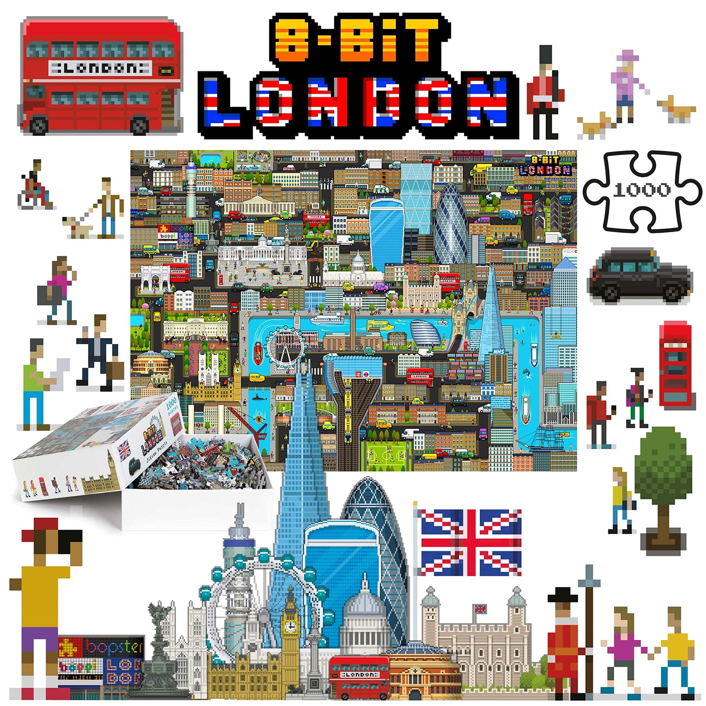 1000 Piece Puzzle - 8-bit Retro Gaming Style London Jigsaw Puzzles 1000 Pieces for mature-themeds Made with 100% Recycled Cardboard - mature-themed Puzzles Level 3 by bopster