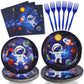 Scione 96 Pcs Outer Space Party Decorations Galaxy Party Tableware Set, Solar System Paper Party Plates Napkins Forks For 24 Guests, Kids Party Favors Space Themed Birthday Party Supplies