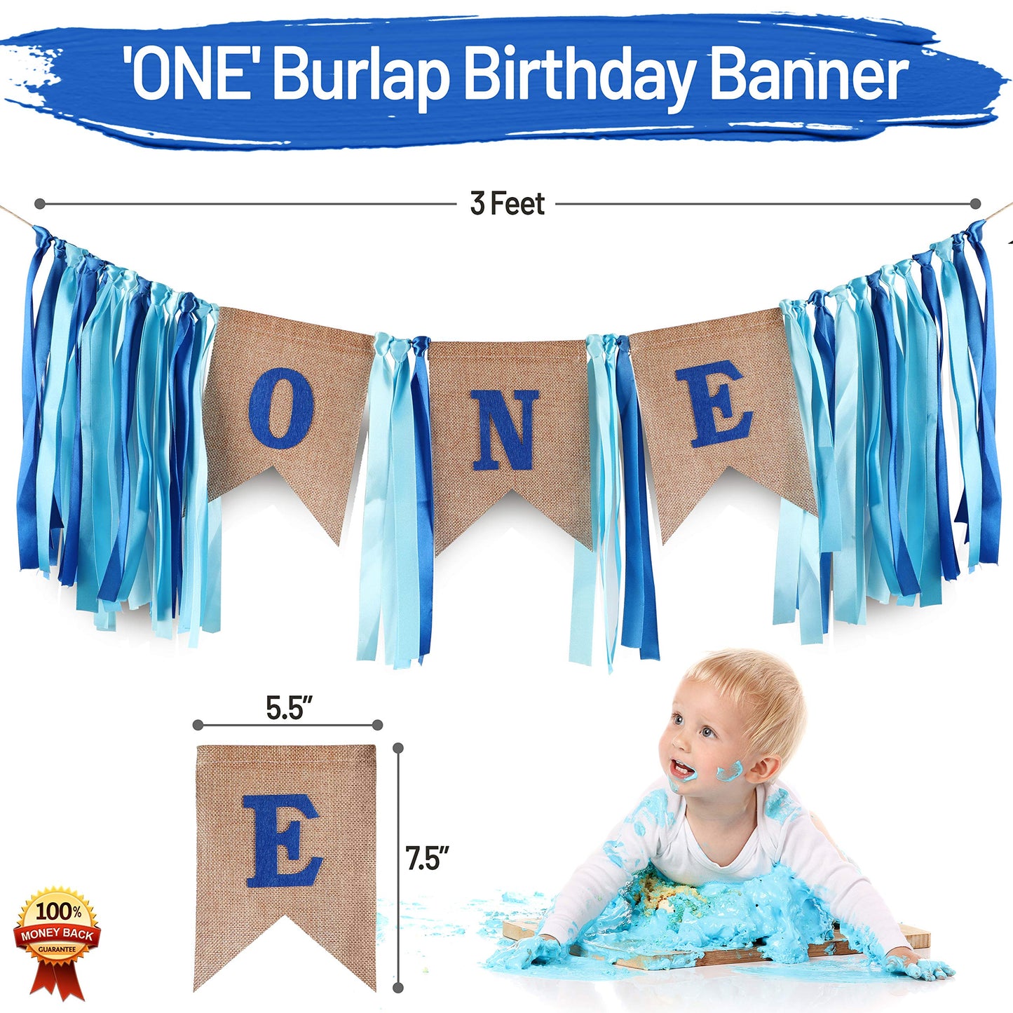 Baby 1St Birthday Boy Decorations With Crown - Baby Boy First Birthday Decorations High Chair Banner - Cake Smash Party Supplies