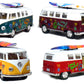 Set of 4 Vehicles: 5'' 1962 VW Classic Van Flowers with Surfboard (Red, Green, Maroon and Yellow)