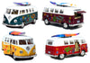 Set of 4 Vehicles: 5'' 1962 VW Classic Van Flowers with Surfboard (Red, Green, Maroon and Yellow)