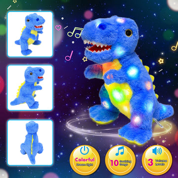 Cuteoy Light-up Singing Plush Dinosaur T-Rex 12" Cotton Musical Toy, Adjustable Volume, LED, Blue, Model CT0063