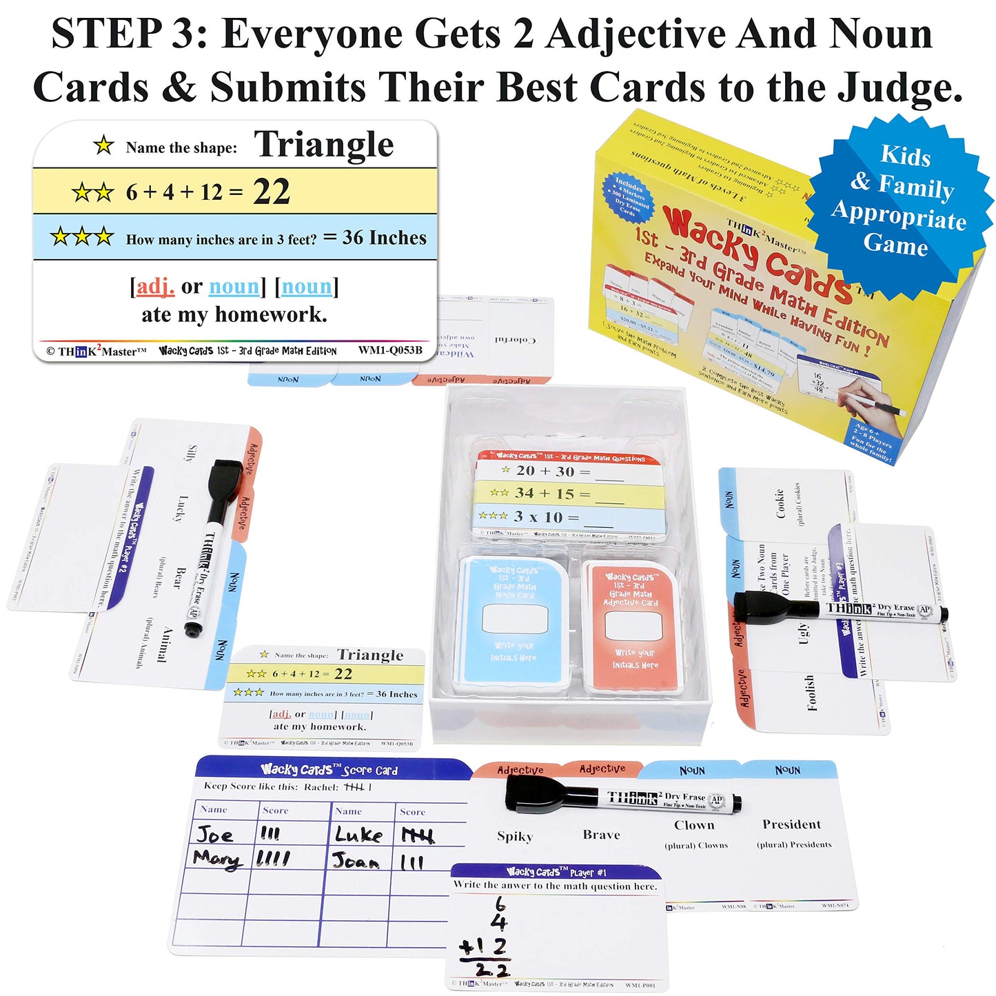 Think2Master Wacky Cards 1st - 3rd Grade. Math Card Game for Families & Classroom. Make Hilarious Sentences While Practicing Mat