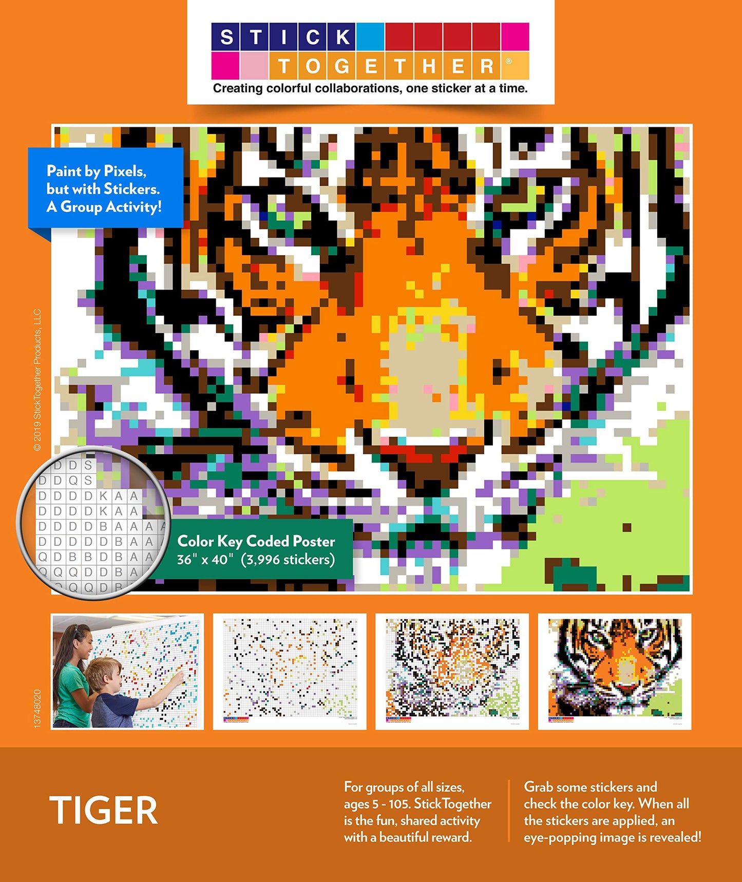 StickTogether Huge Mosaic Puzzle Poster Kit - Large Tiger, 40” x 36”, Paper, No Mess Paint by Sticker, Group Project Activity