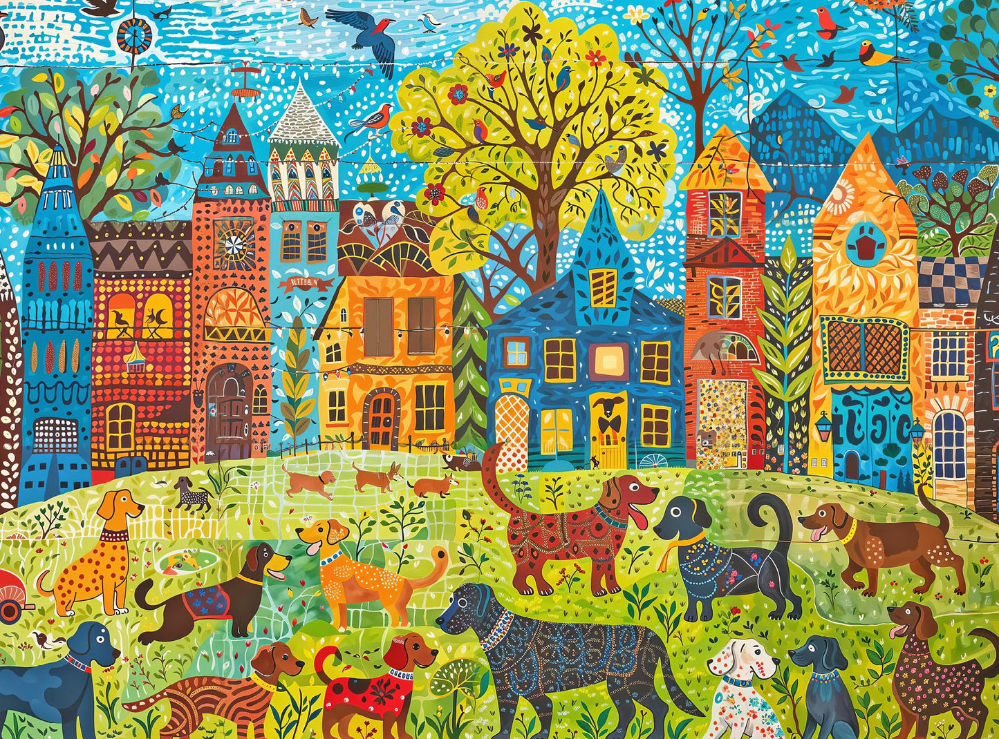 Cross & Glory - Colorful Canines: A Dog Park Day - 1000 Piece Folk Art Style Jigsaw Puzzle For Adults | Vibrant City Scene With Playful Pups | Perfect For Dog Lovers