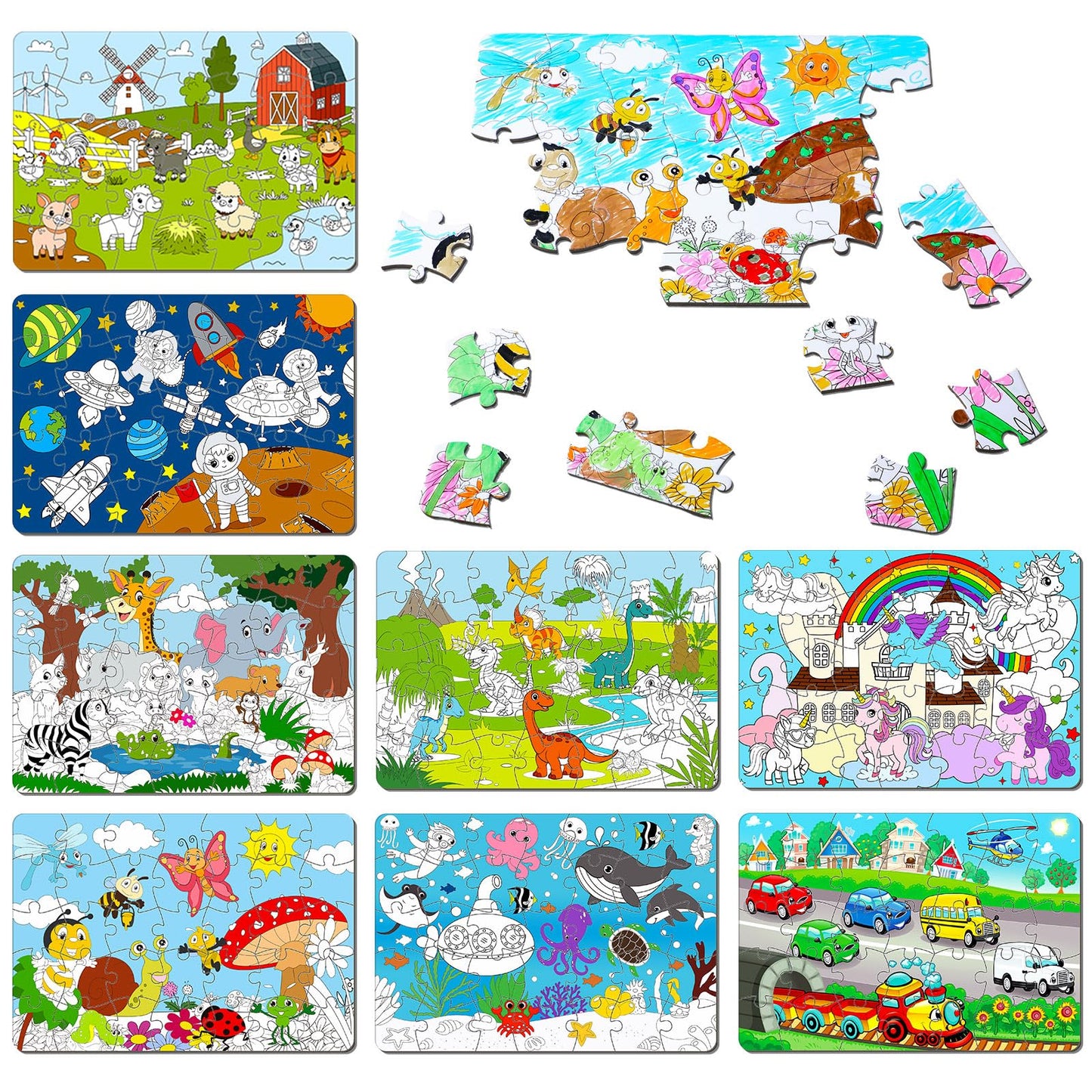 Soulchen 8 Pack Color Your Own Jigsaw Puzzles for Kids Ages 4-6, 6-8, 6-8, 8-10 Under the Sea Farm Animal Outer Space Dinosaur I