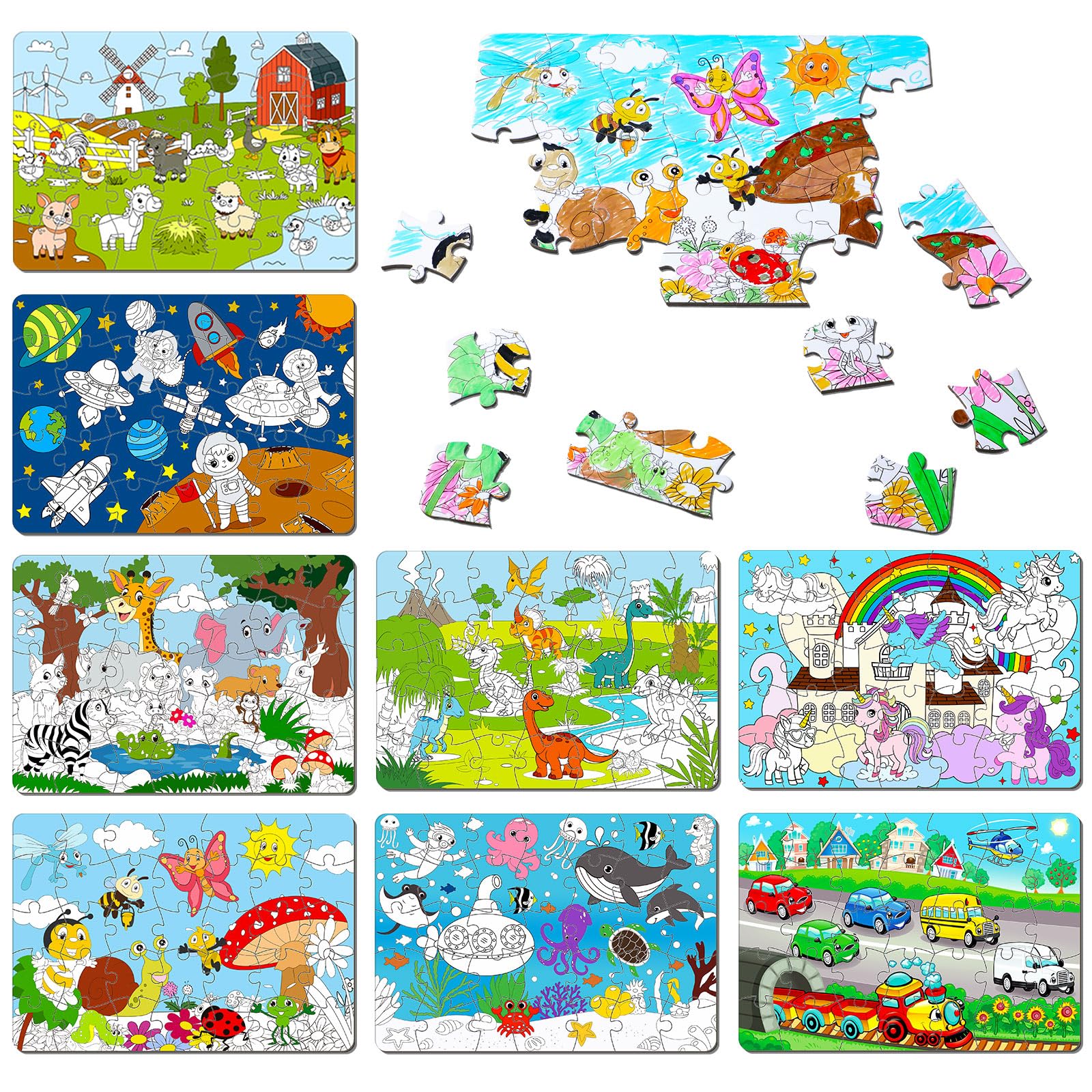 Soulchen 8 Pack Color Your Own Jigsaw Puzzles for Kids Ages 4-6, 6-8, 6-8, 8-10 Under the Sea Farm Animal Outer Space Dinosaur I
