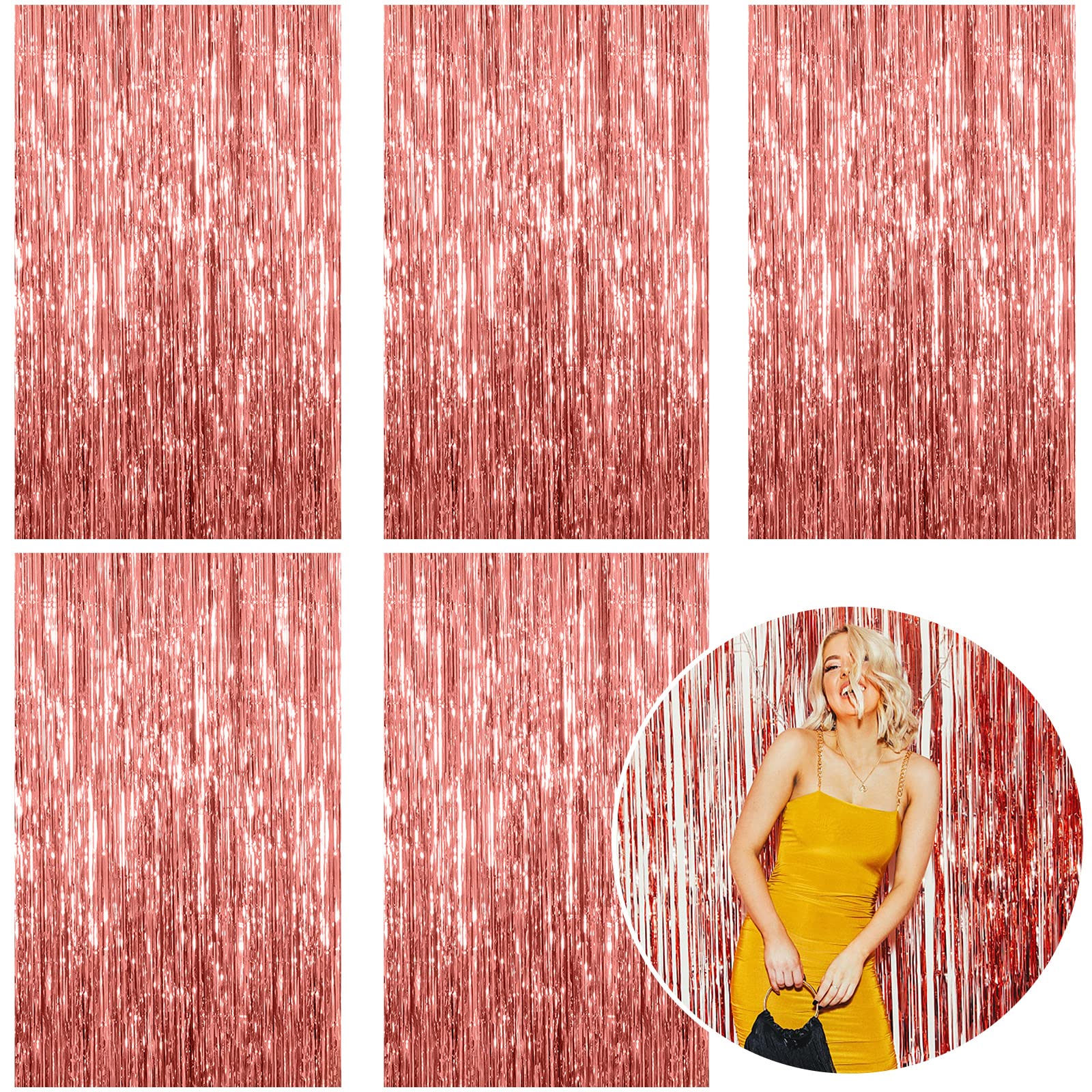 5 Pack Foil Curtain Backdrop Rose Gold Metallic Tinsel Foil Fringe Curtains Photo Booth Props for Birthday Wedding Engagement Ba