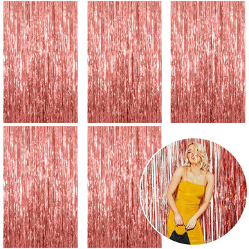 5 Pack Foil Curtain Backdrop Rose Gold Metallic Tinsel Foil Fringe Curtains Photo Booth Props for Birthday Wedding Engagement Ba