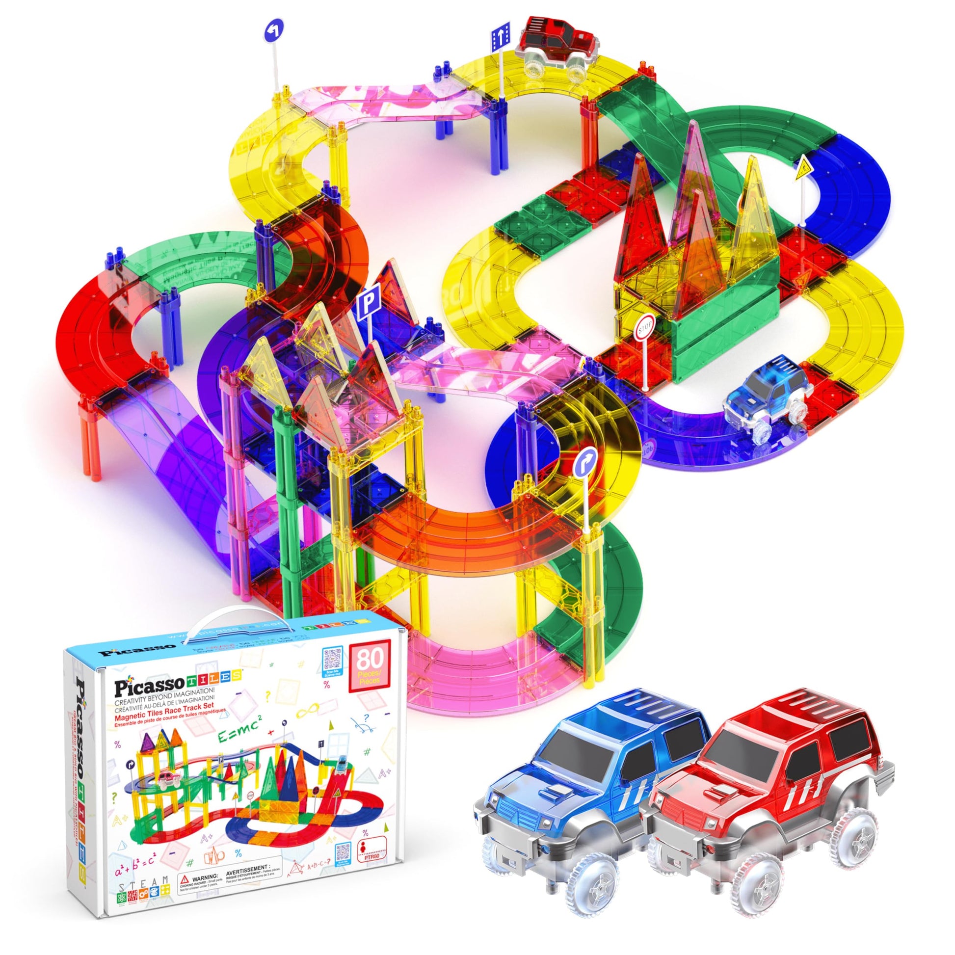 Picassotiles 80 Piece Race Car Track Building Block Educational Toy Set Magnetic Tiles Magnet Diy Playset 2 Light Up Car Stem Learning Construction Kit Hand-Eye Coordination Fine Motor Skill Training
