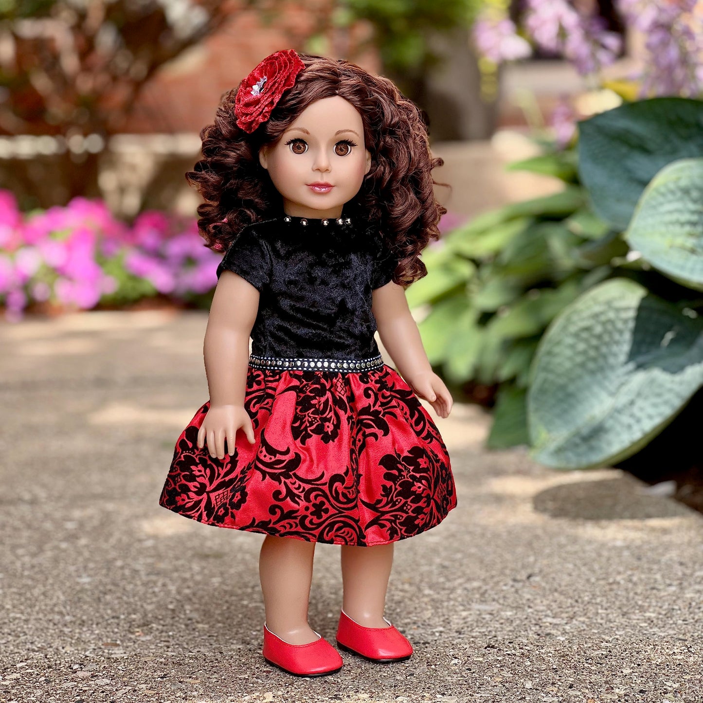 Holiday Spirit - 3 Piece 18 Inch Doll Outfit - Holiday Red Taffeta Party Dress With Red Shoes And Headband - (Doll Not Included)