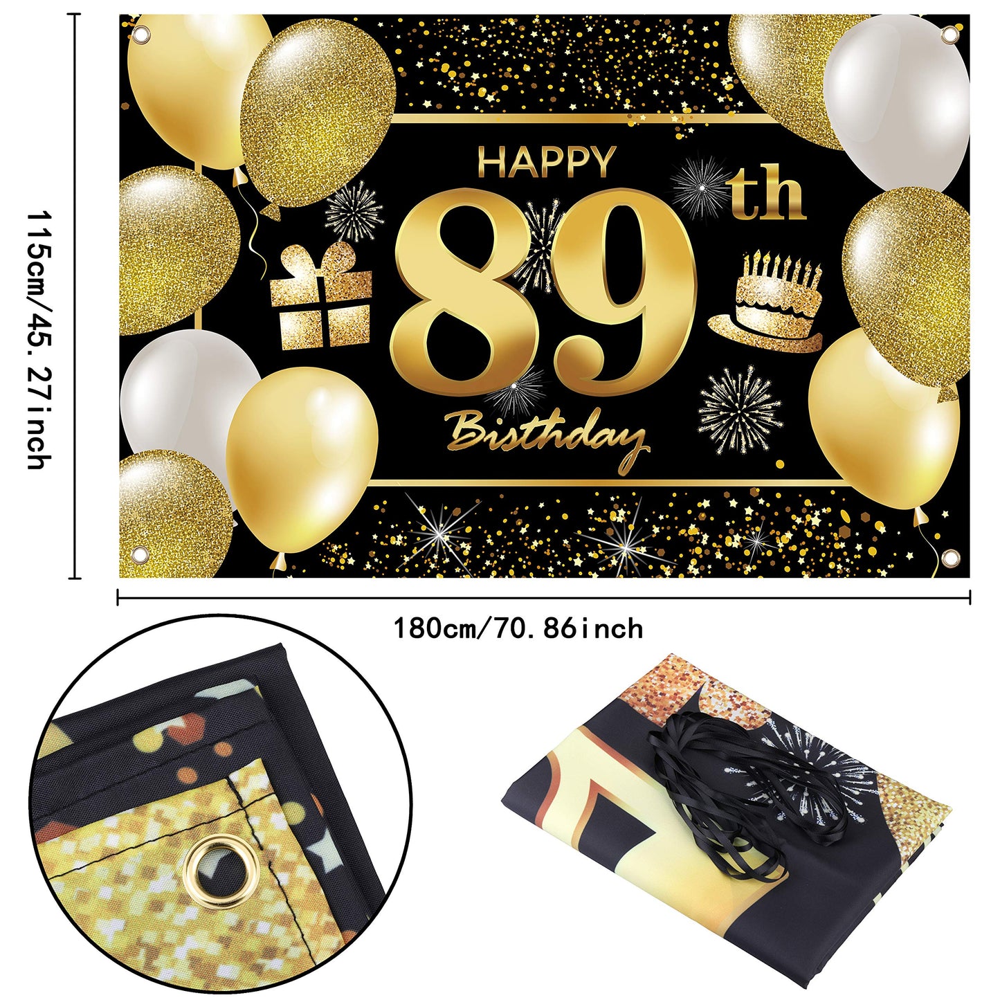 IMISI 89th Birthday Banner - Black Polyester Decoration for Men's Birthday Party