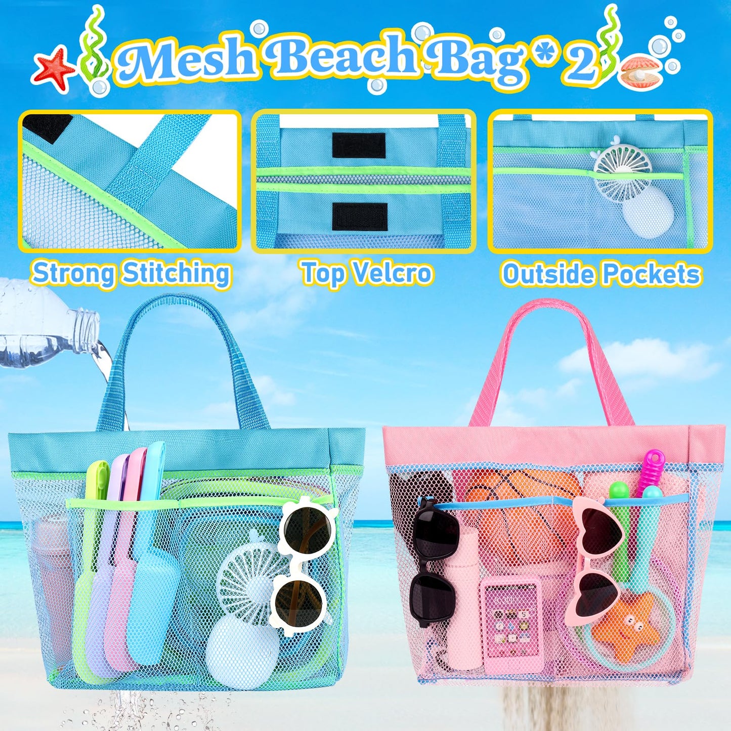 Collapsible Beach Buckets for Kids, 4 Packs Foldable Sand Buckets and Shovels with Mesh Beach Bag, Silicone Sand Pails for Toddl